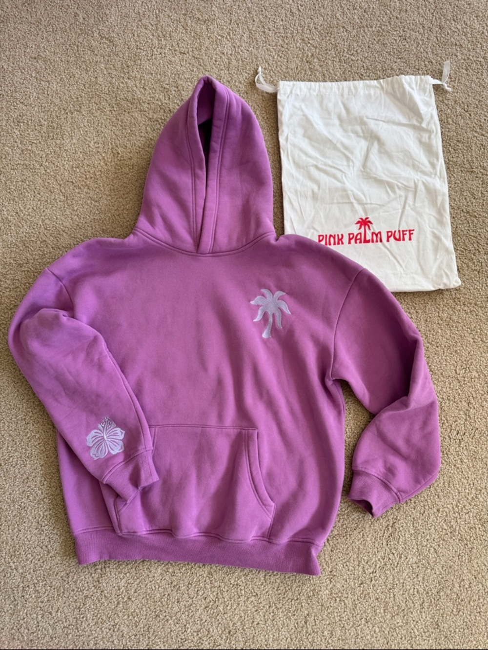 Pink Palm Puff "Everything Comes in Waves" Hoodie in Açai with bag